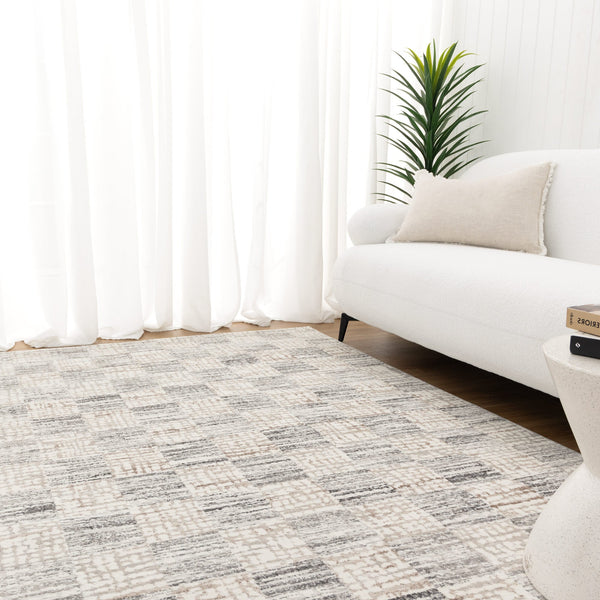 Luna Distressed Checkers Grey Beige Rug, [cheapest rugs online], [au rugs], [rugs australia]