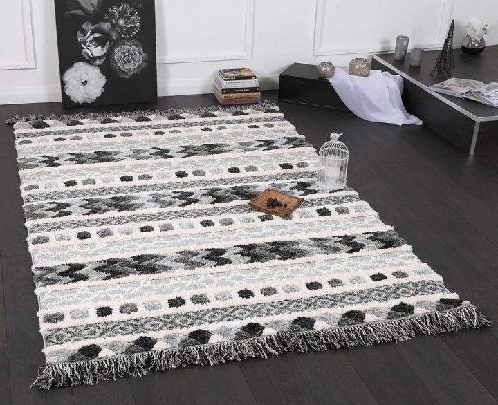 Eternity Mono Tribal Carved Cream Anthracite - The Rugs