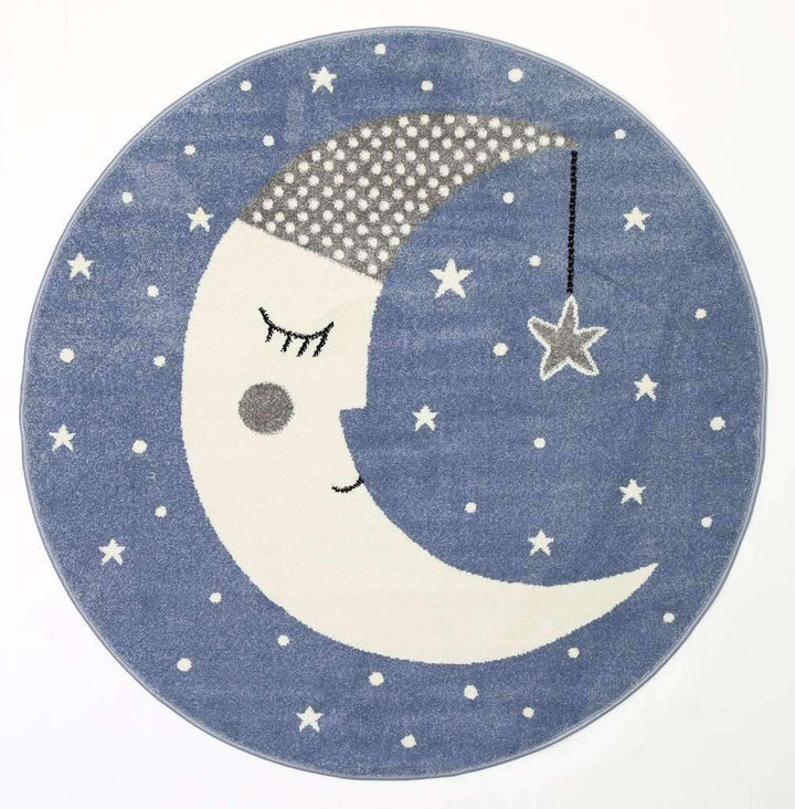Poppins Kids Sleeping Moon Round Rug Blue, [cheapest rugs online], [au rugs], [rugs australia]
