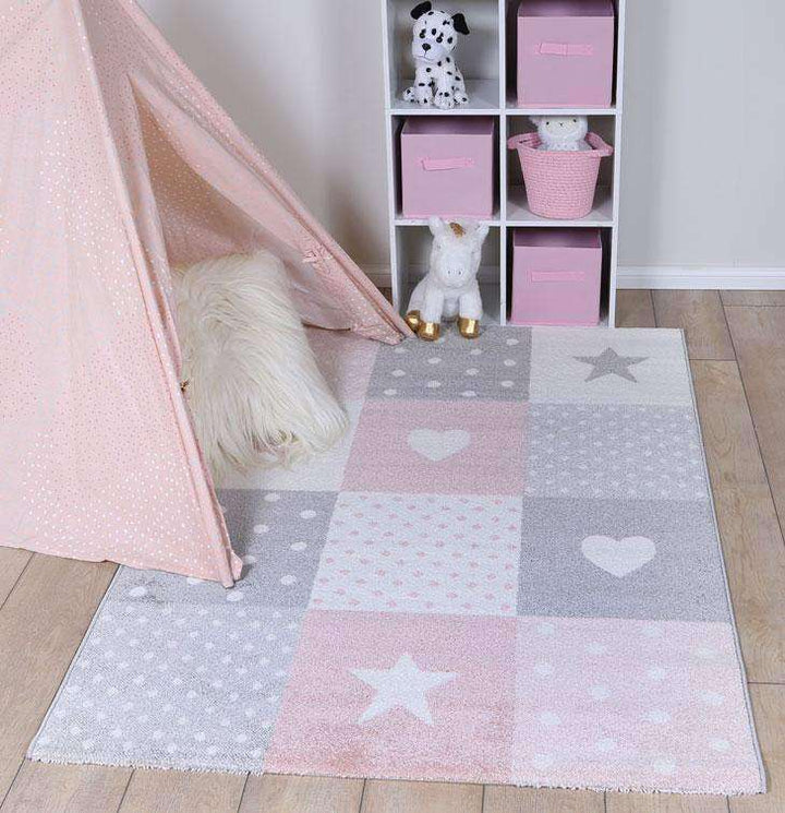 Poppins Pink Grey Stars & Hearts Rug, [cheapest rugs online], [au rugs], [rugs australia]